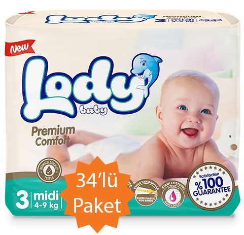  Lody Baby - 3 Numara (Midi) Bebek Bezi - 34'lü Paket (4-9 Kg arası bebekler için)