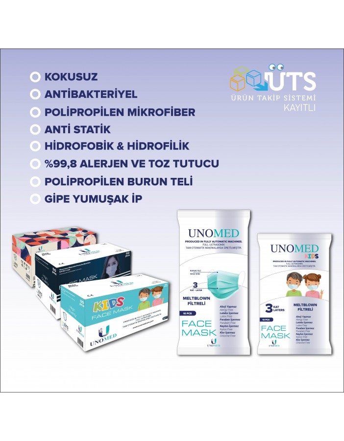 Unomed Beyaz 3 Katlı Ultrasonik Meltblown Filtreli 10'lu 10Paket Cerrahi Maske-Burun Telli