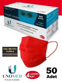 Unomed 4 KATLI KIRMIZI RENK METBLOWN FİLİTRELİ İKİ MASKE GÜCÜNDE MEDİKAL MASKE