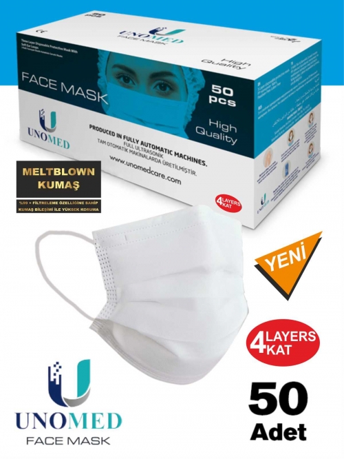 Unomed UNOMED 4 Katlı Meltblown Filitreli /İki Maske Gücünde Beyaz Maske 50 adet