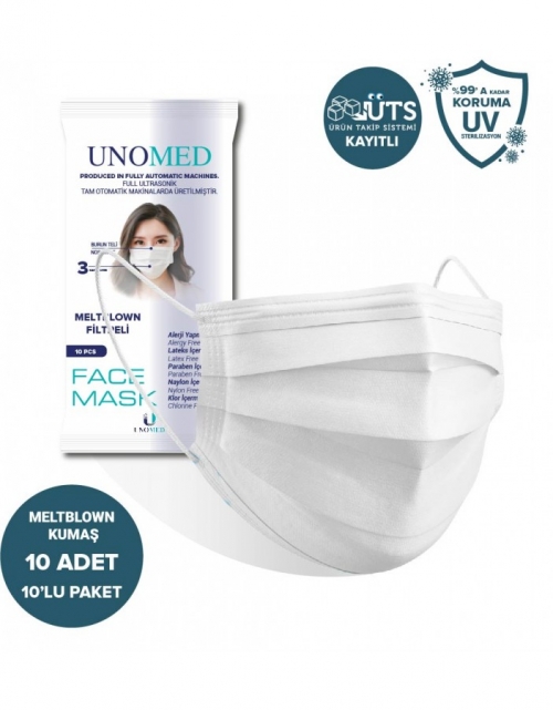 Unomed Unomed Beyaz 3 Katlı Ultrasonik Meltblown Filtreli 10'lu 10Paket Cerrahi Maske-Burun Telli