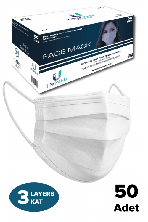 Unomed Unomed Full ultrasonik 3 Katlı Beyaz Renk Spunbond Kumaştan Mamul Tek Kullanımlık Cerrahi Maske. 1 KOLİ/5000 Adet